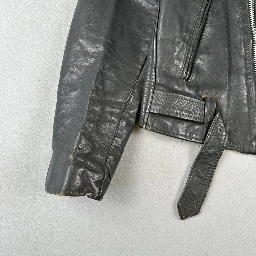 Vintage 60s 70s Leather Motorcycle Jacket Men's 40 Black Unlined Belted Biker